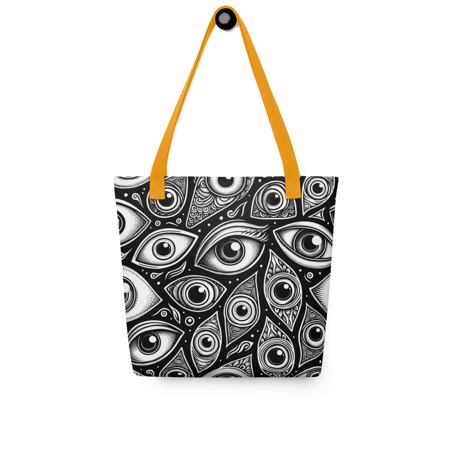All Over Stoffbeutel mit schwarz weißem Augen Muster bedruckt und gelbem Henkel