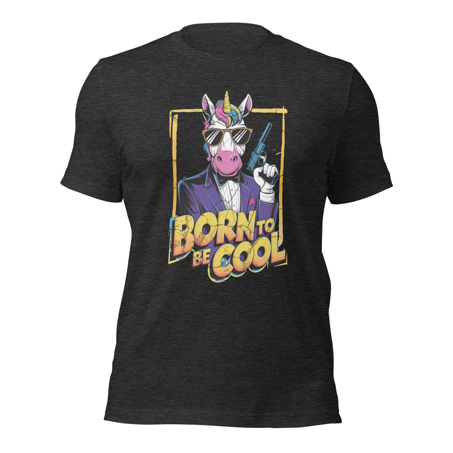 Heather dunkelgraues Unisex T-Shirt mit Einhorn das Revolver hält und Born to be Cool Print