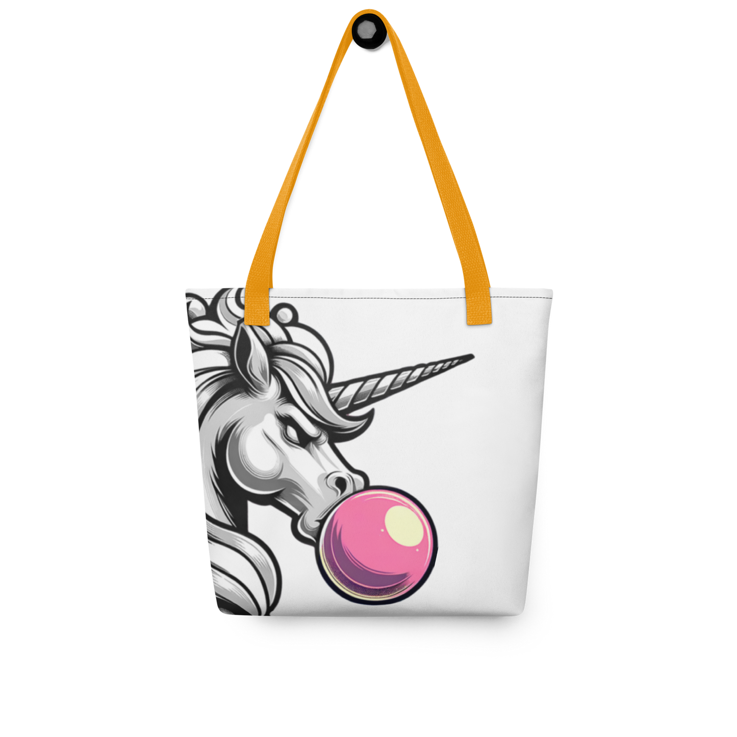 Weißer Allover Beutel mit Einhorn das Kaugummiblase macht mit gelbem Hänkel