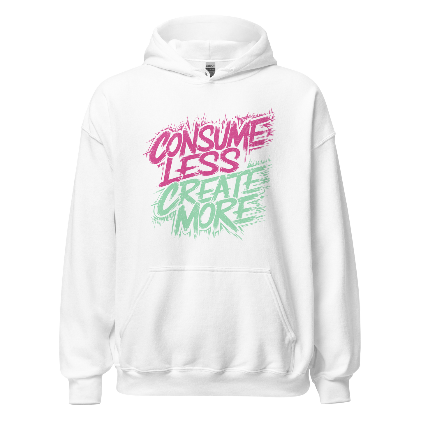 Weißer Unisex Pullover mit Consume Less, Create More Print