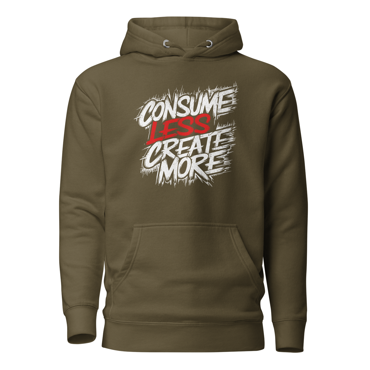 Militärgrüner Unisex Hoodie mit Consume Less, Create More Schriftzug im Streetart Style