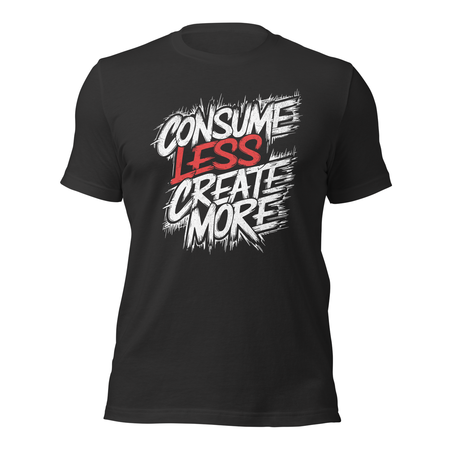 Dunkelgraues Unisex T-Shirt mit Consume Less, Create More Schriftzug im Streetart Style