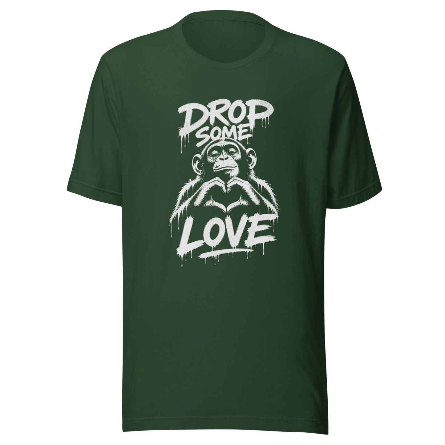 Grünes T-Shirt mit Affen der Herz formt und Drop some Love Schriftzug im Streetart style