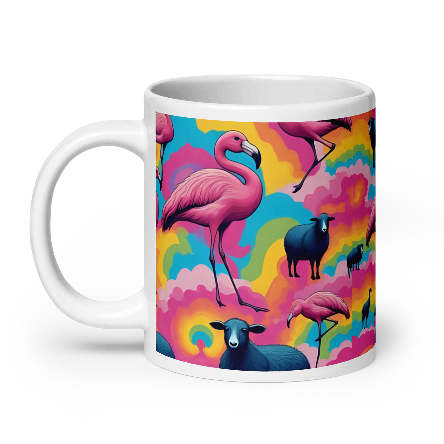 Große weiße Tasse mit bunten Wolken und Flamingos und schwarzen Schafen Ansicht links