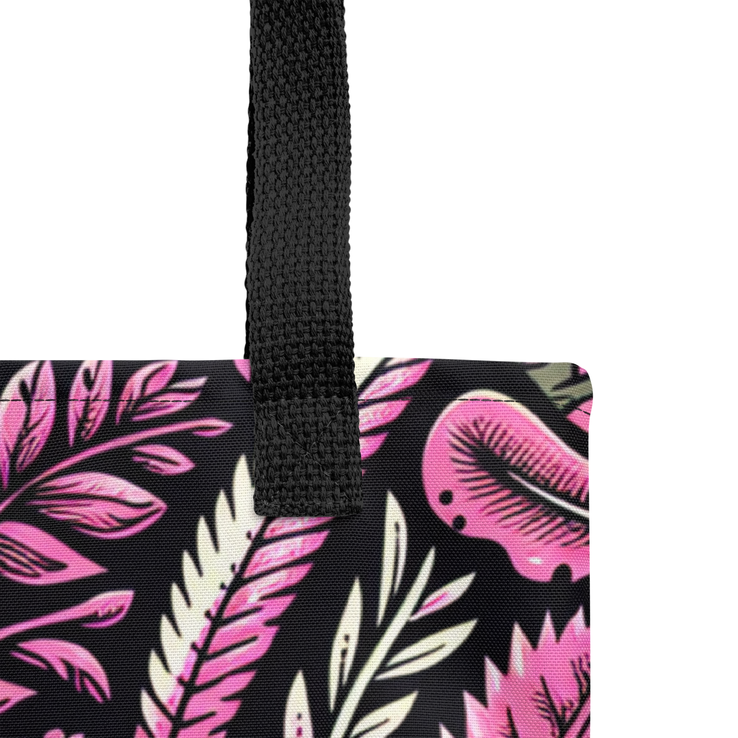 Nahaufnahme All Over Stoffbeutel mit pink schwarzem Hanfblatt Muster