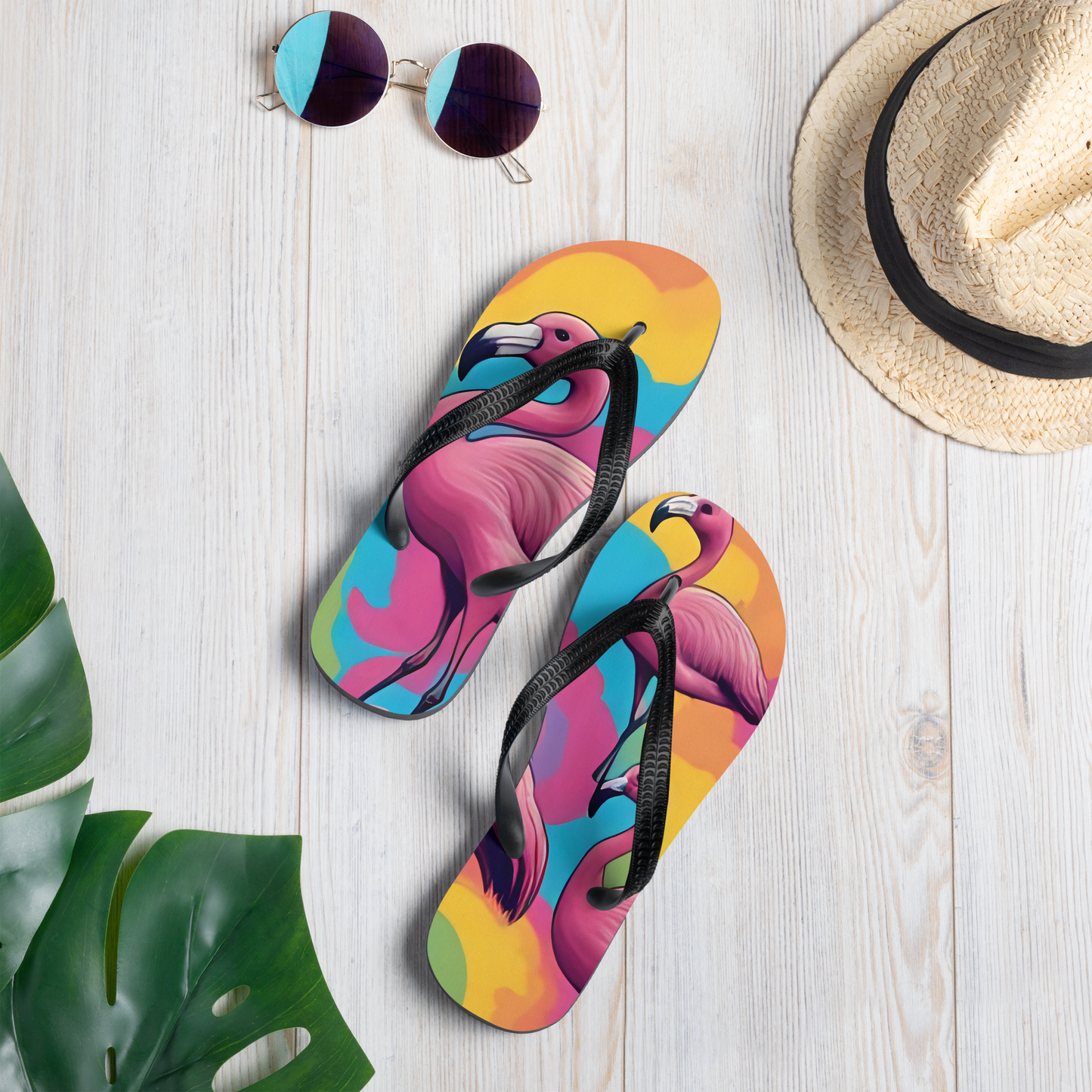 Flip-Flops mit Flamingos und buntem Hintergrund bedruckt als Mock Up