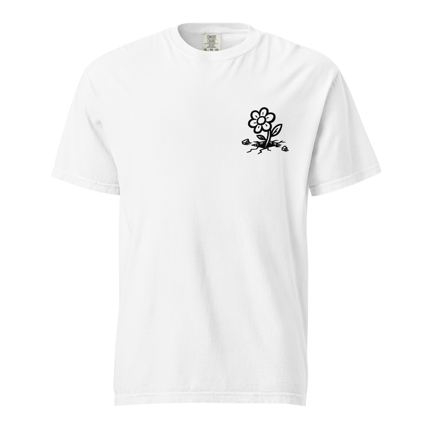 Weißes T-Shirt mit kleiner Blume die aus dem Asphlat wächst Print im Brustbereich