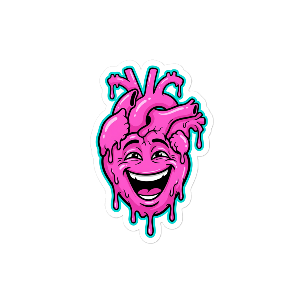 Sticker mit Pinkem lachenden echten Herz mit blauer Outline und Frabtropfen 4x4