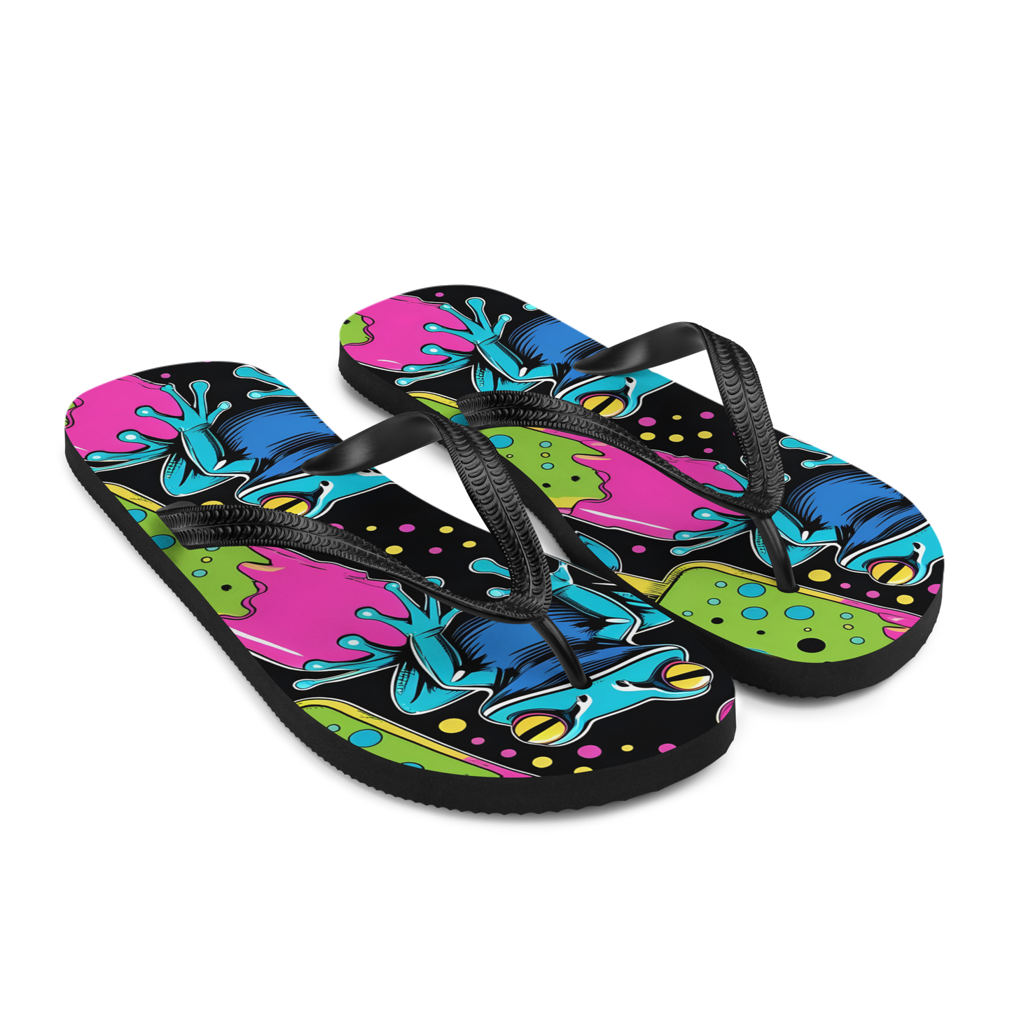 Seitenansicht Flip-Flops mit Giftfröschen und Eis bedruckt