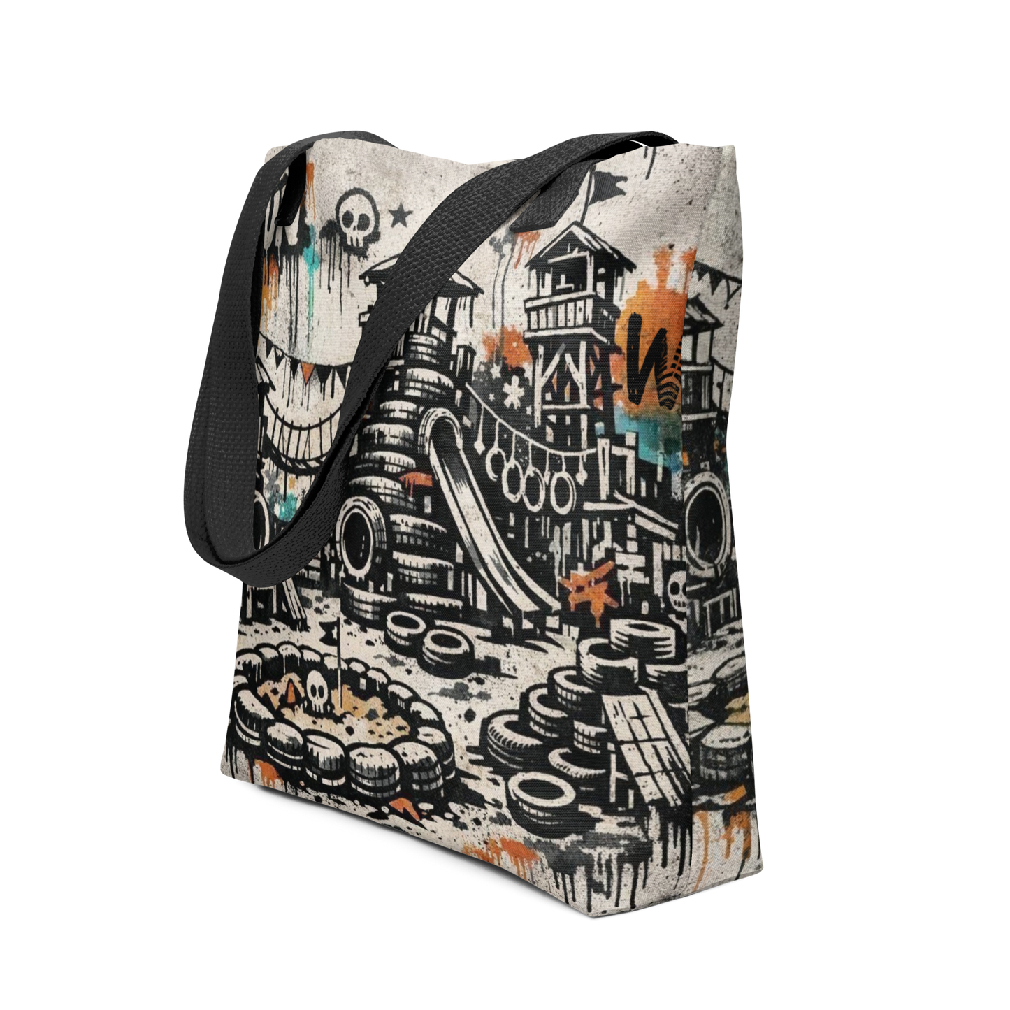 All Over Stoffbeutel mit Spielplatz aus Autoreifen im Streetart Look, Seitenansicht