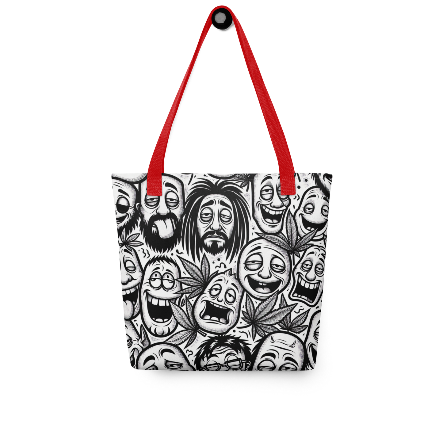 All-Over Stoffbeutel mit schwarz weißen bekifften Gesichtern und Hanfblättern und rotem Henkel