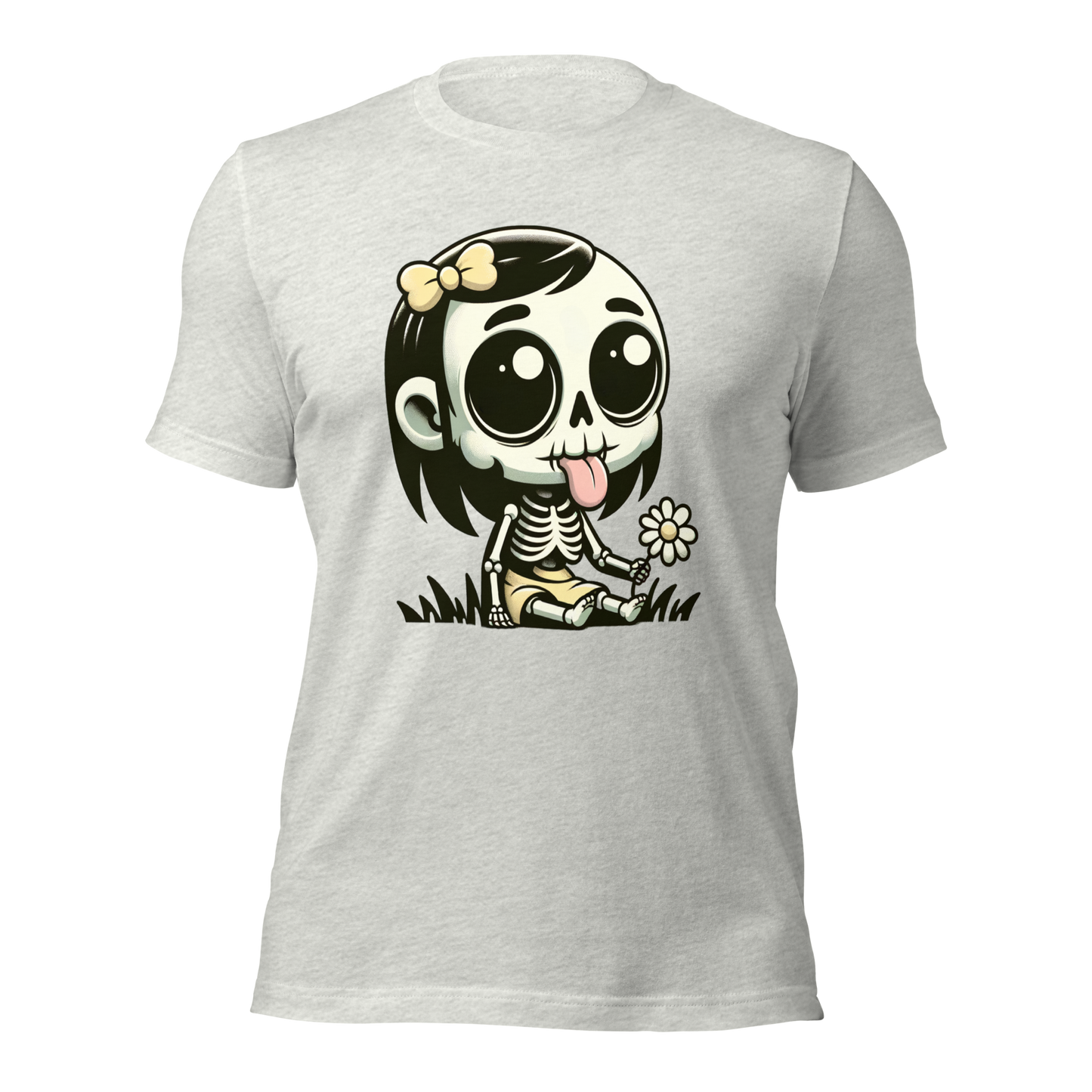 Aschgraues Unisex T-Shirt mit kleinem Skelettmädchen das die Zunge rausstreckt
