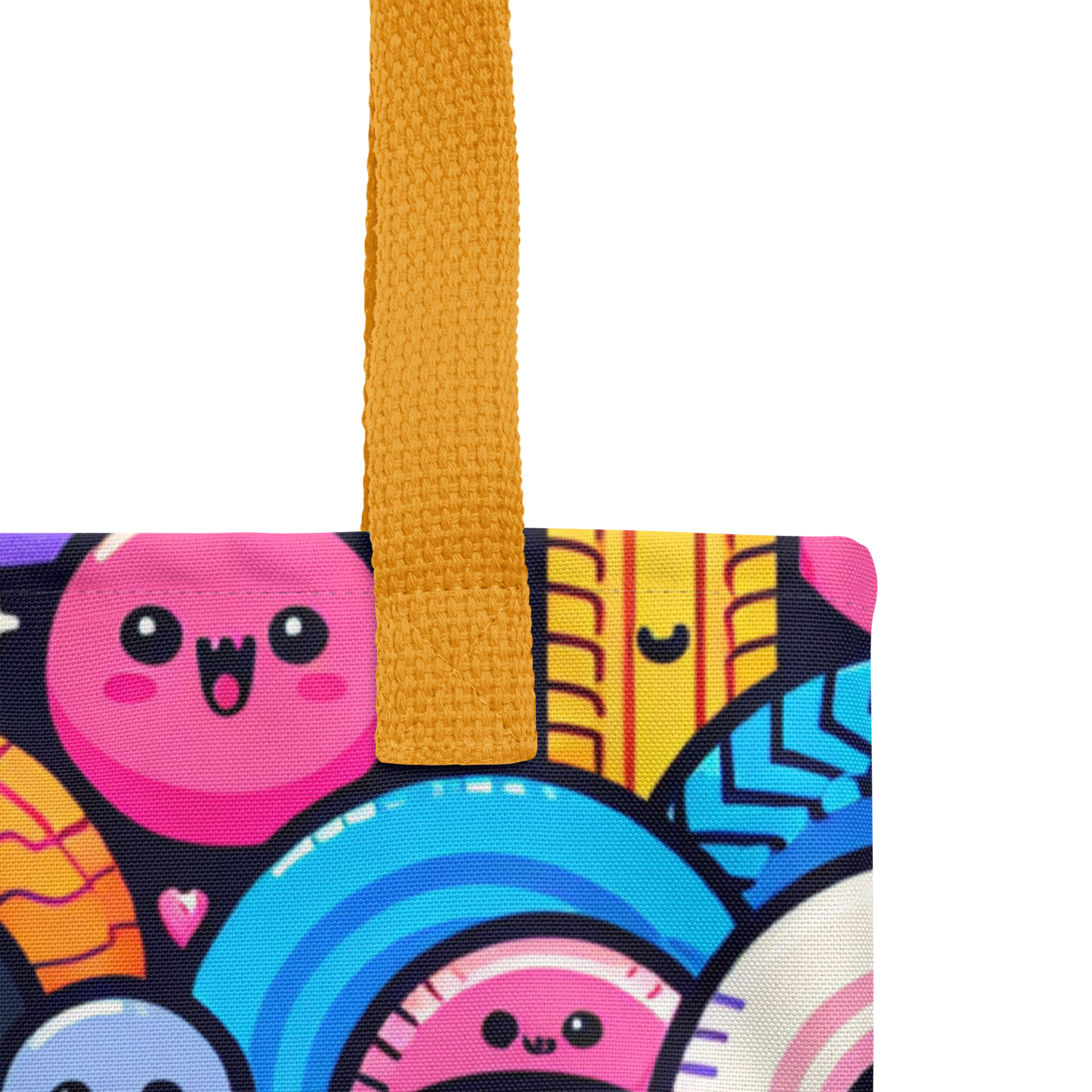 Nahaufnahme Over Stoffbeutel mit bunten Reifen mit Gesichtern bedruckt und gelben Hänkeln