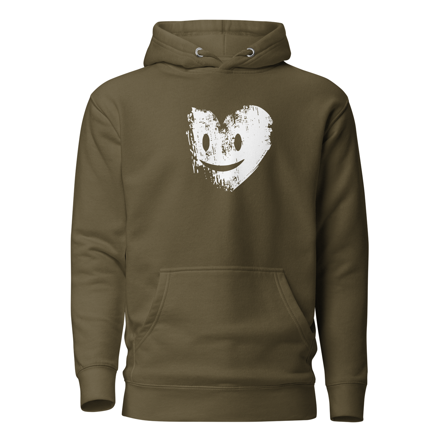 Militärgrüner Unisex Hoodie mit weißem Herz Brustprint im Grunge Stil