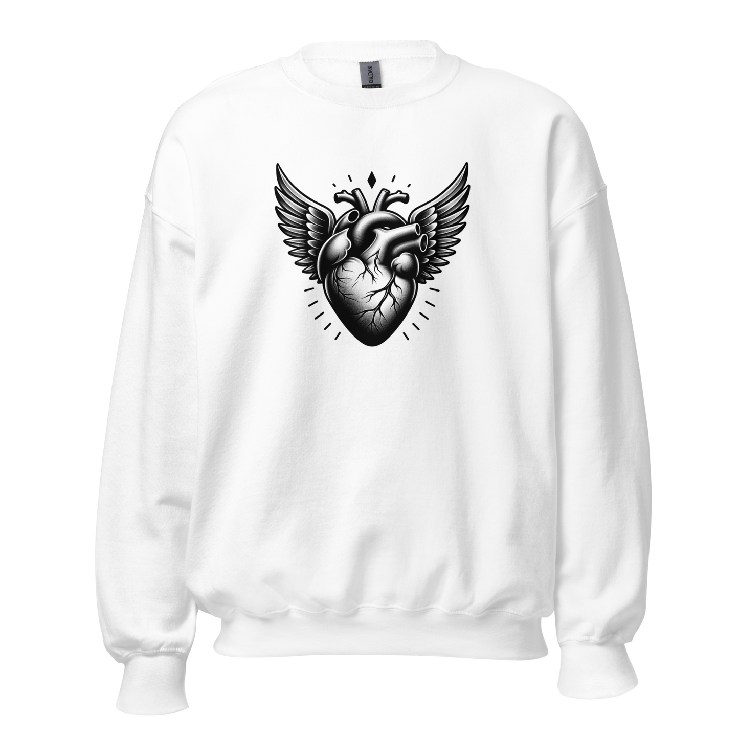 Weißer Unisex Pullover mit echtem Herz das Flügel hat Print