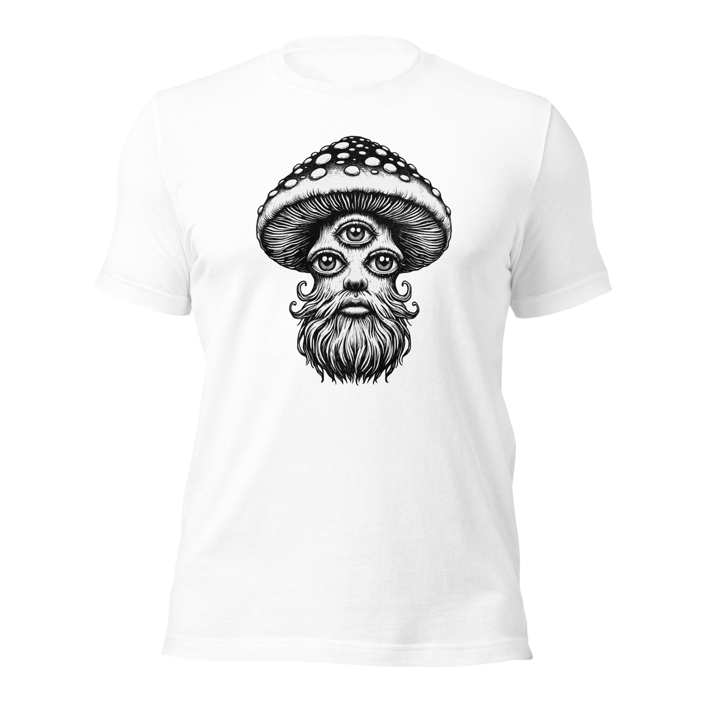Weißes Unisex T-Shirt mit schwarz weißem Pilz mit 3 Augen