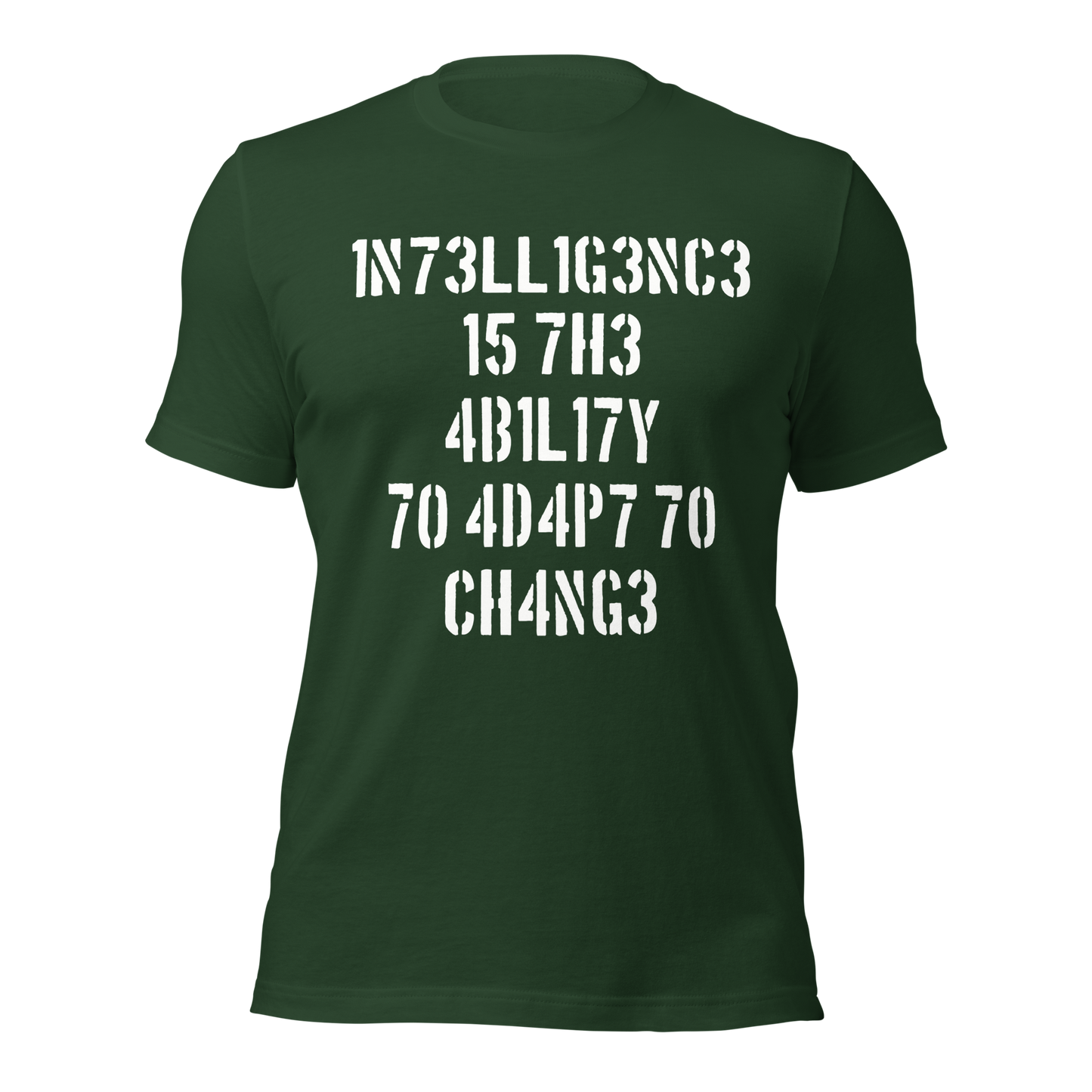Waldgrünes Unisex T-Shirt mit Intelligence is the Ability to Change mit Zahlen statt Buchstaben