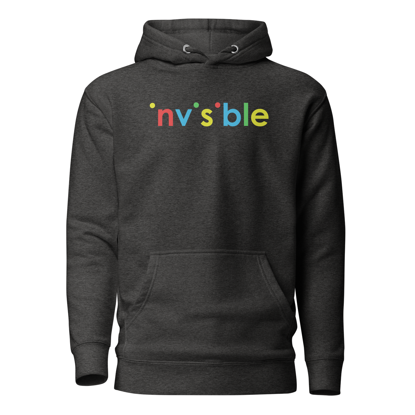 Heather grauer Unisex Hoodie mit buntem invisible Schriftzug Brustprint