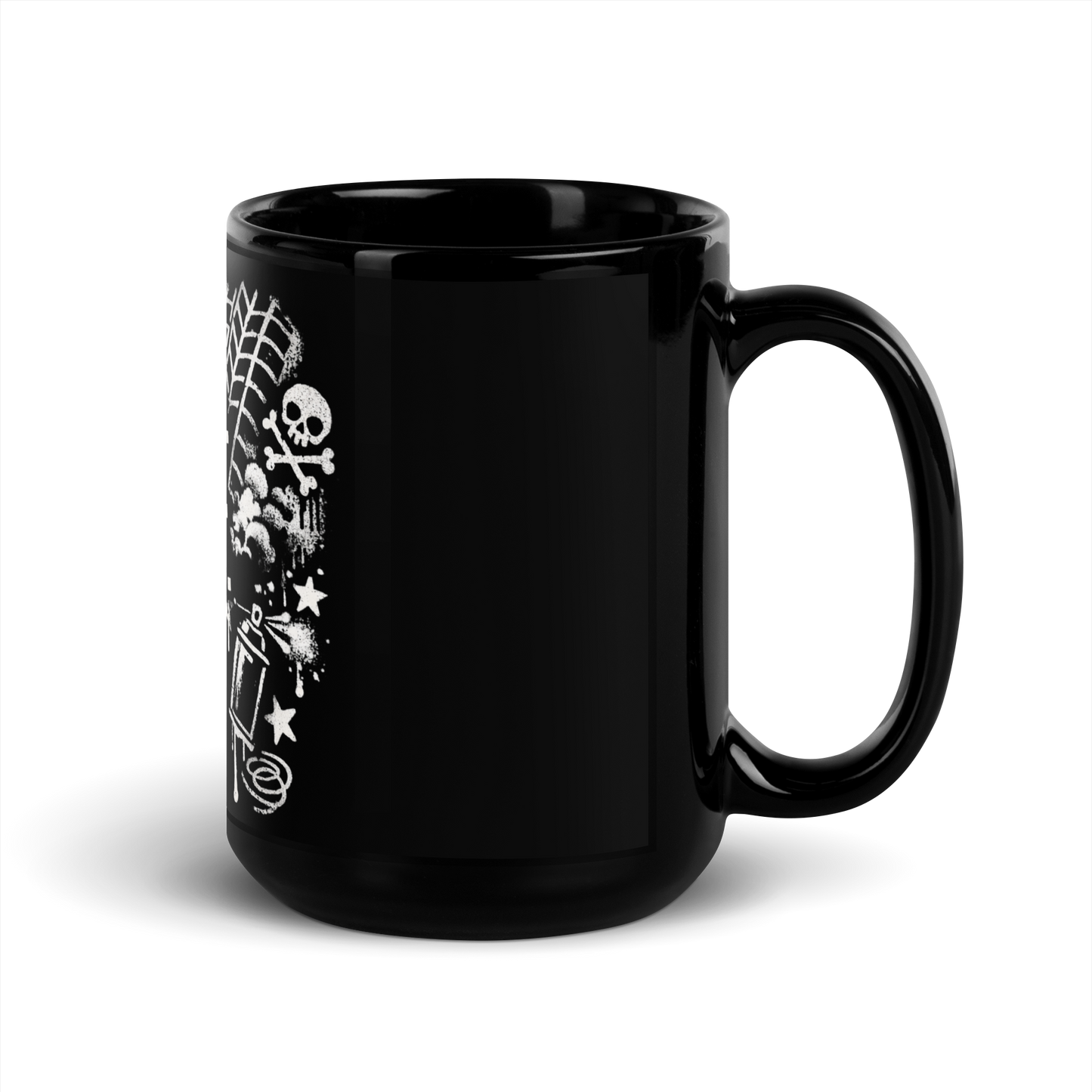 Tasse mit Coffee & Chaos Design, Reifenprofil-Details und urbanem Graffiti-Vibe, Seitenansicht Rechts