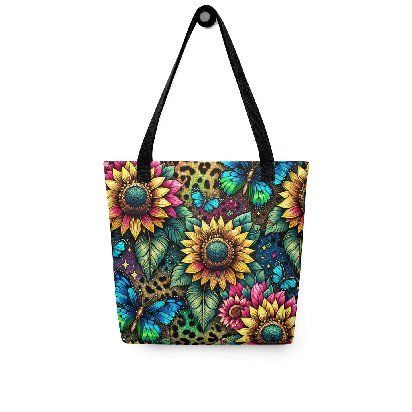 All-Over Stoffbeutel mit buntem Sonnenblumen und Schmetterlinge Print und schwarzem Henkel