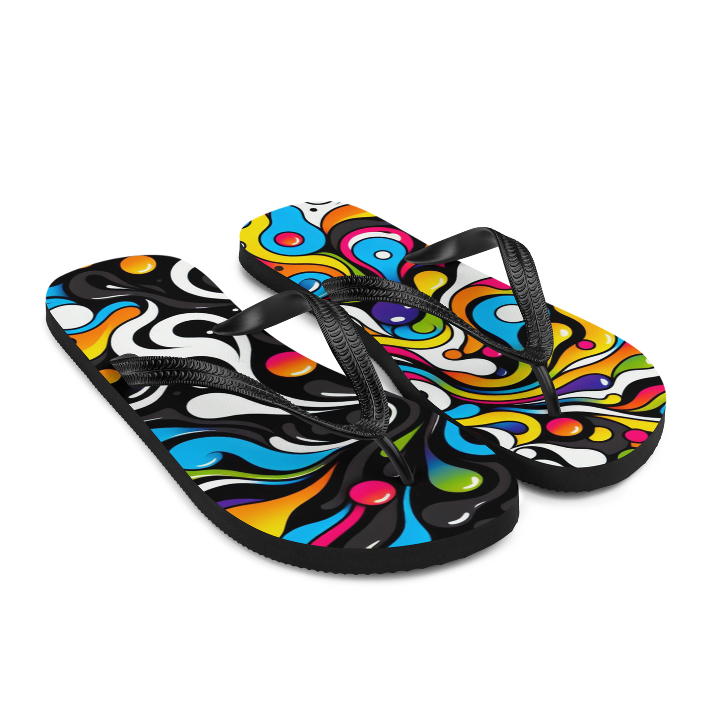Seitenansicht zwei Flip-Flops mit buntem verschmolzenem Muster