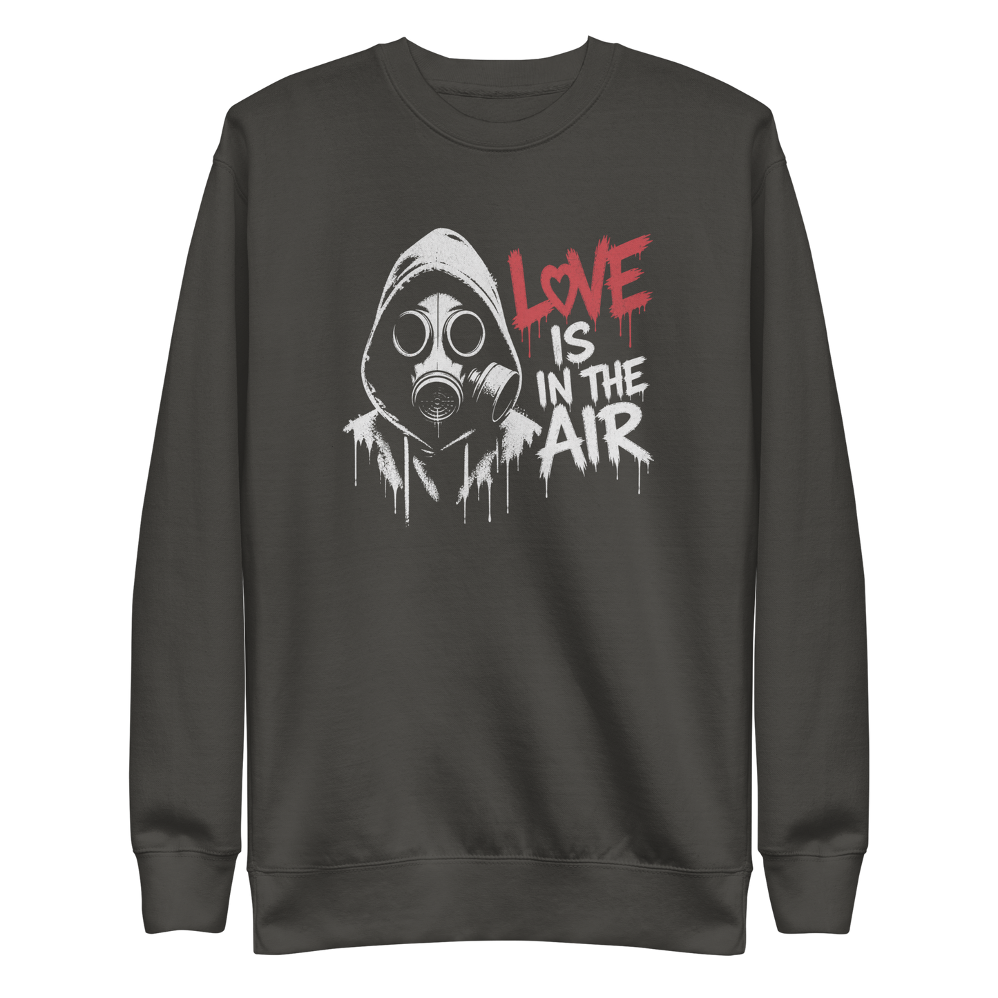 Grauer Pullover mit Gasmaske und Love is in the Air Schriftzug im Streetart Style