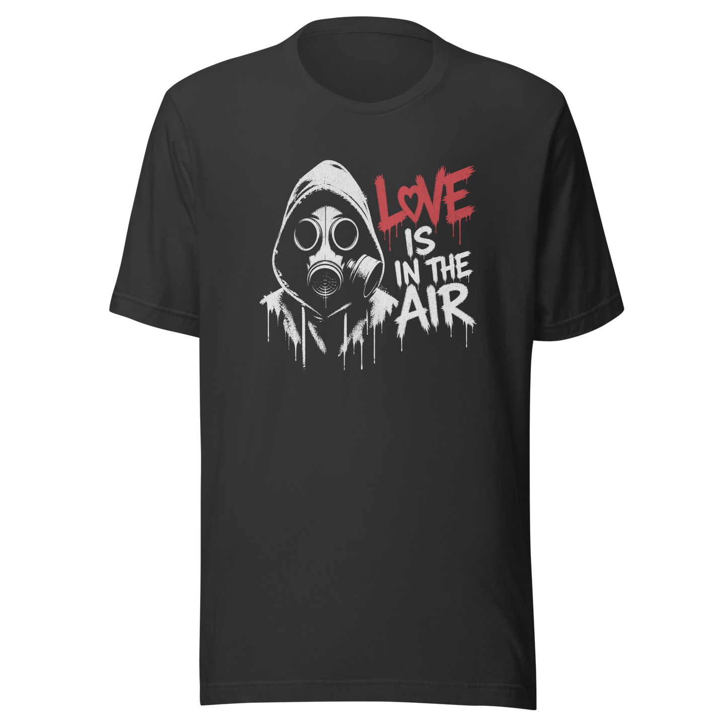 Graues T-Shirt mit Gasmaske und Love is in the Air Schriftzug im Streetart Style