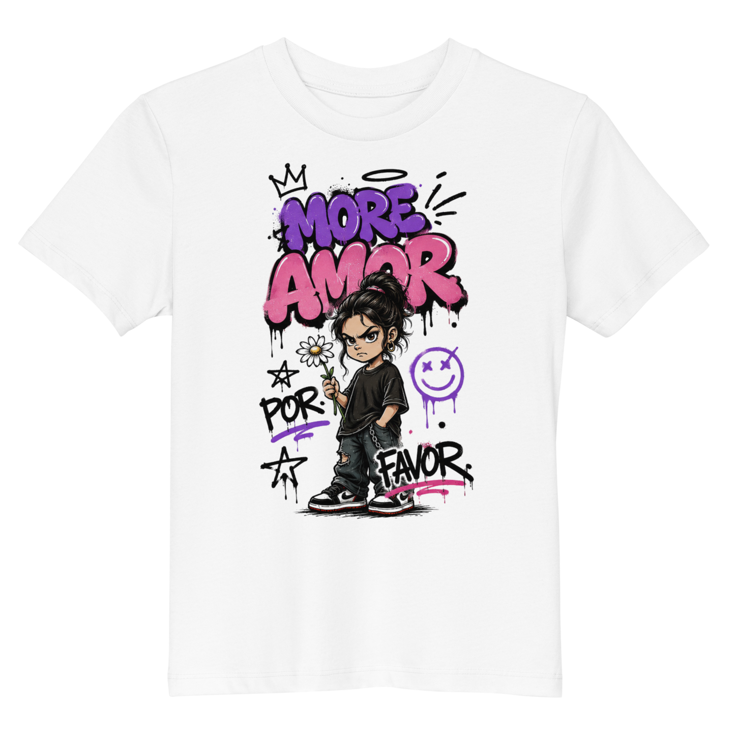 Weißes T-Shirt mit grimmig guckendem Mädchen das eine Blume hält und den Worten More Amor Por Favor im Graffiti Style