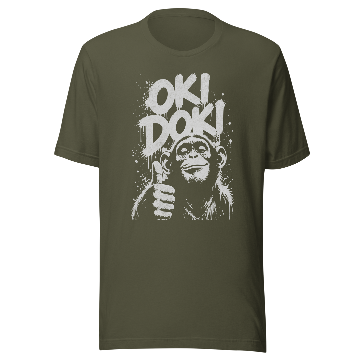 Army grünes T-Shirt mit Affen der Daumen hoch zeigt und den Worten Oki Doki im Graffiti Style