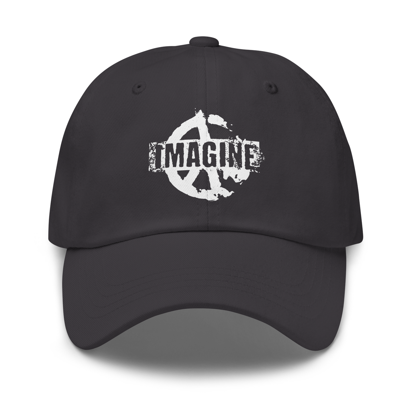 Frontansicht dunkelgraues Cap mit Peace Zeichen Print und IMAGINE Schriftzug
