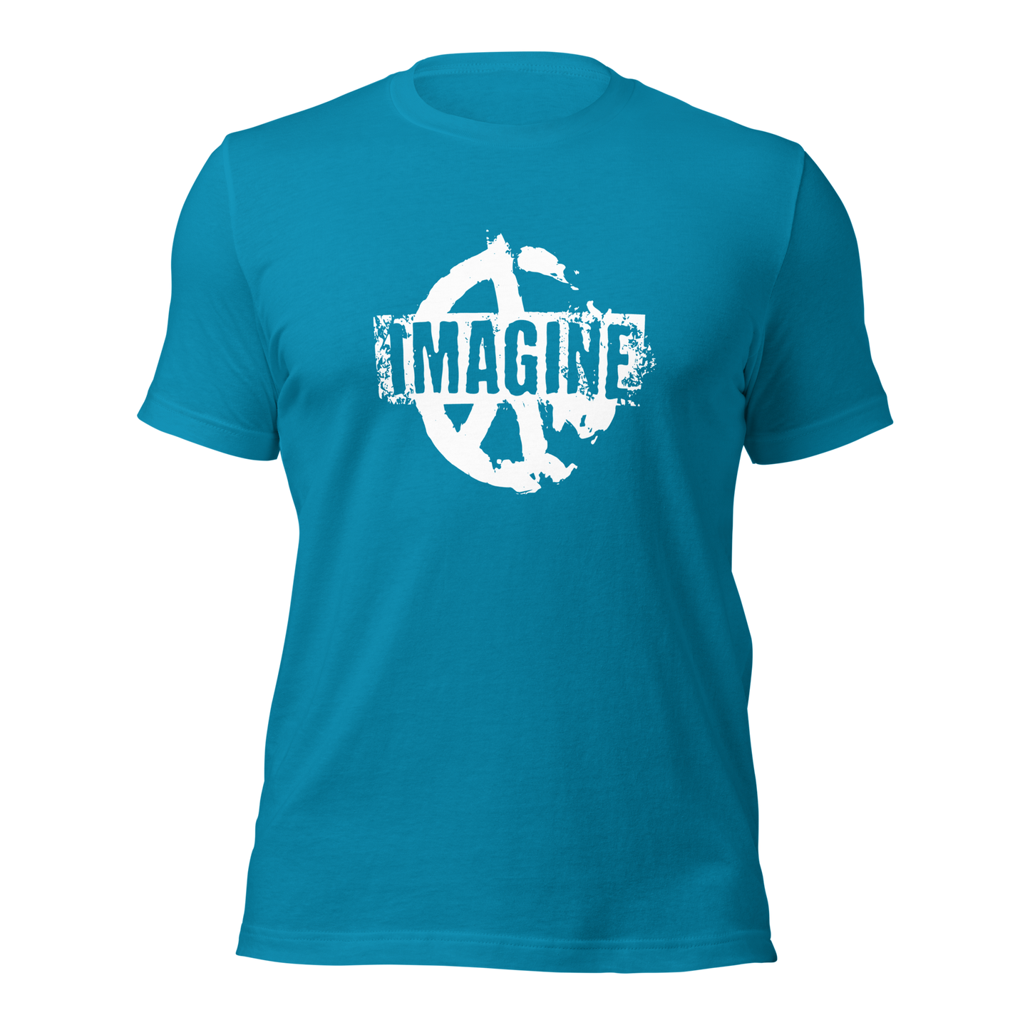Wasserblaues T-Shirt mit Peace Zeichen Print und Imagine Schriftzug
