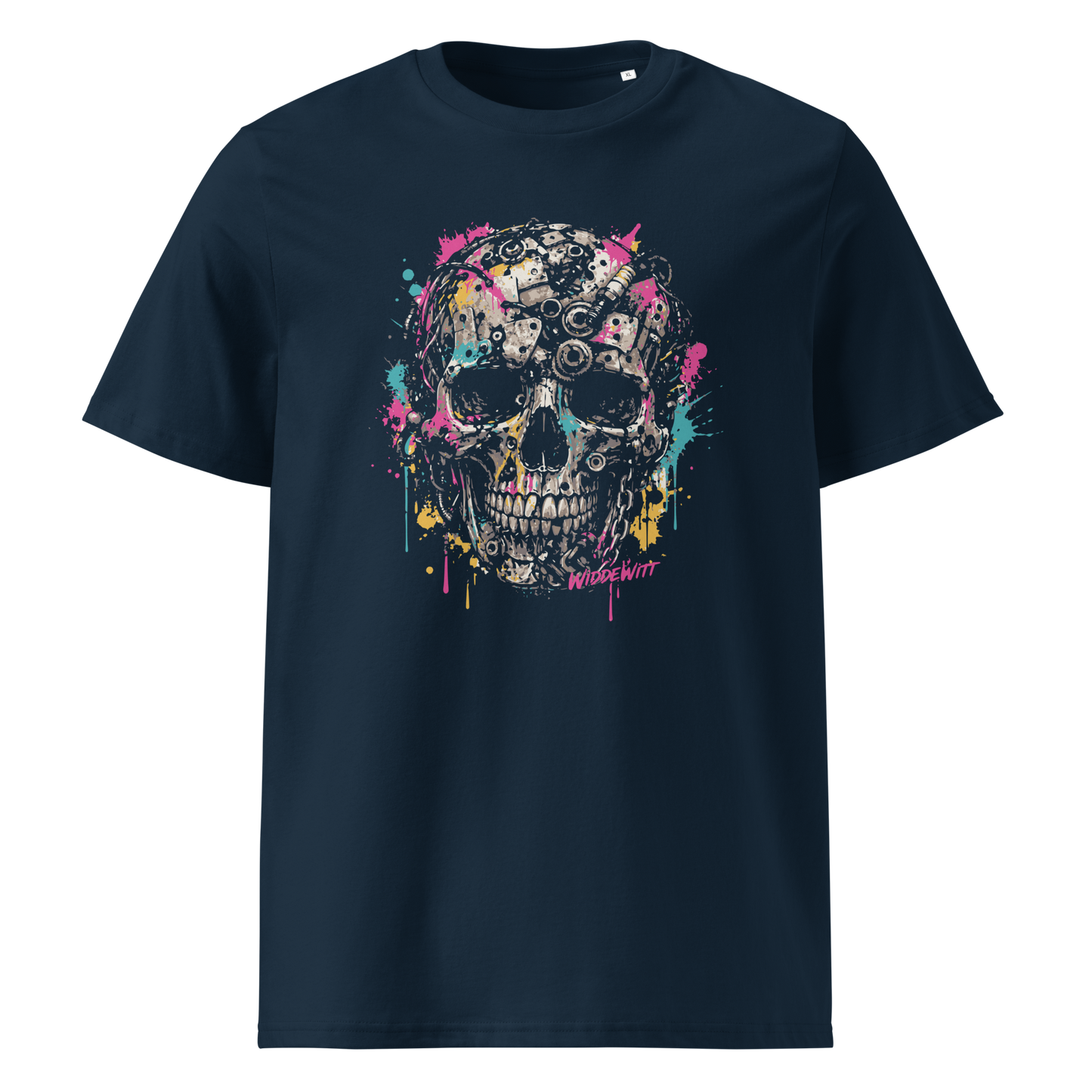 Navy T-Shirt mit Totenkopf aus Metallteilen und bunten Farbklecksen