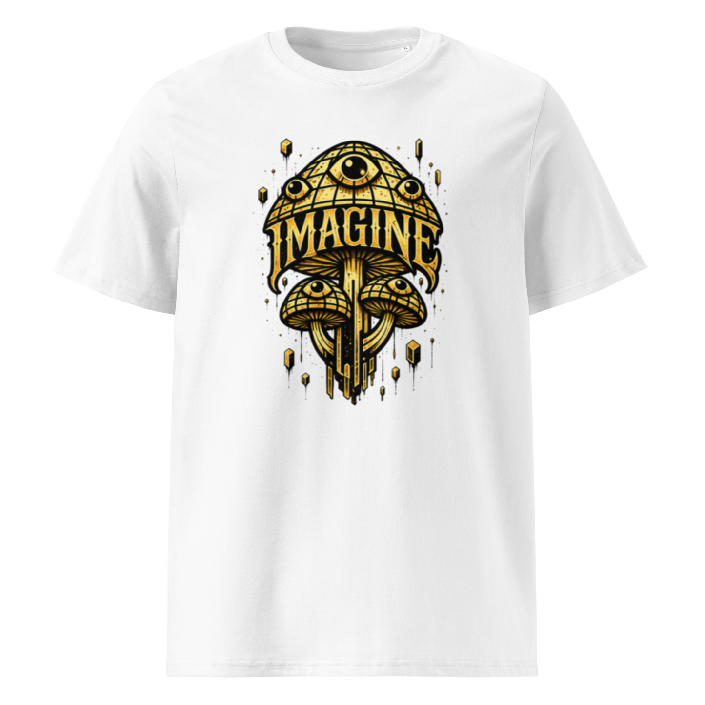 Weißes T-Shirt mit goldenen Pilzen mit Augen bedruckt und dem Schriftzug Imagine