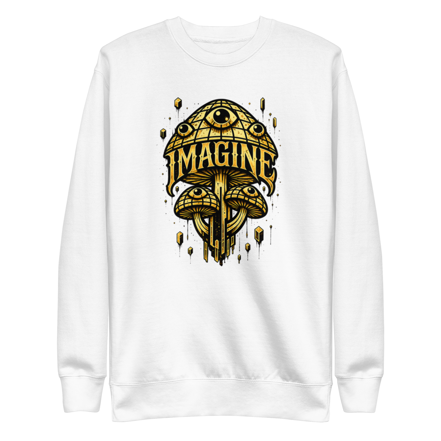 Weißer Pullover mit goldenen Pilzen mit Augen bedruckt und dem Schriftzug Imagine