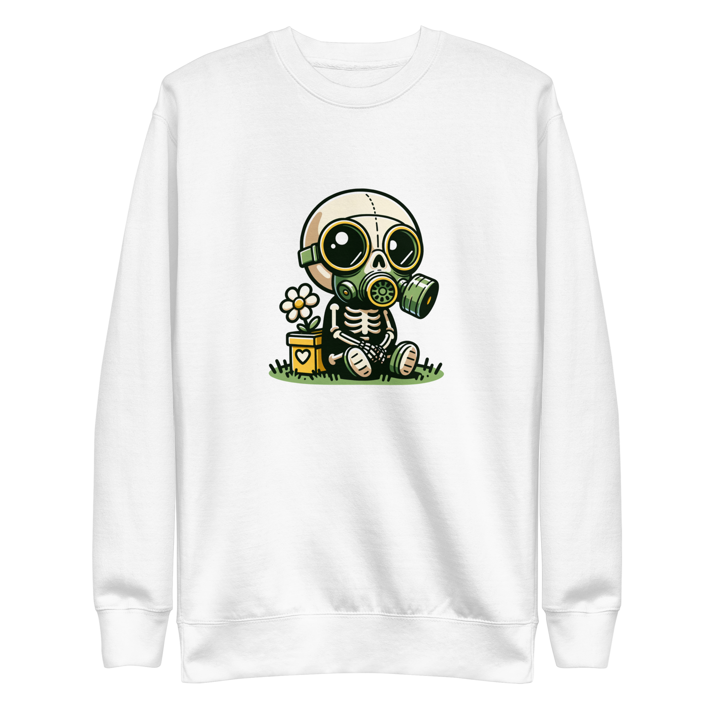 Weisser Unisex Pullover mit Skelettmännchen das Gasmaske trägt als Frontprint
