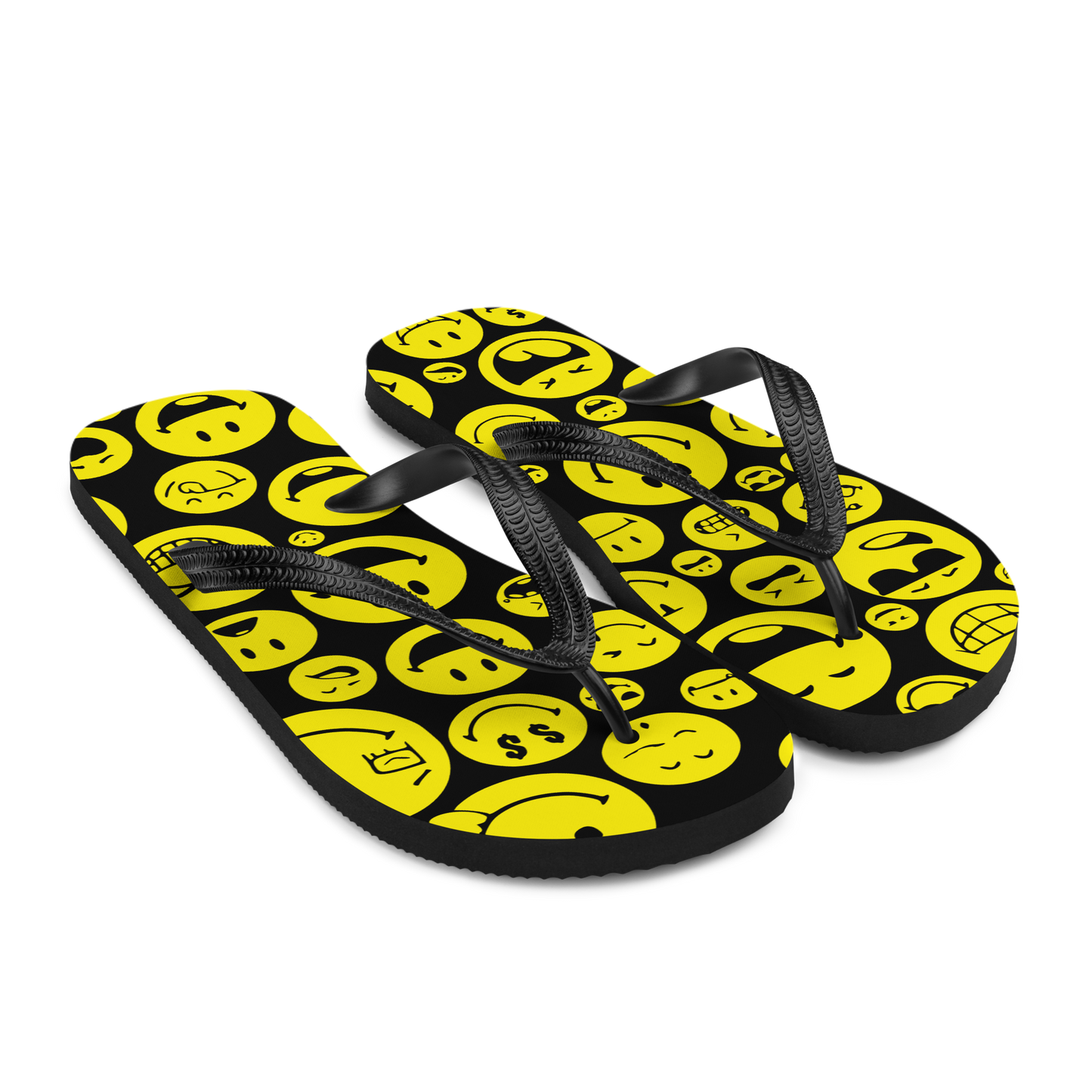 Schwarze Flip-Flops mit verschiedenen gelben Smileys Seitenansicht