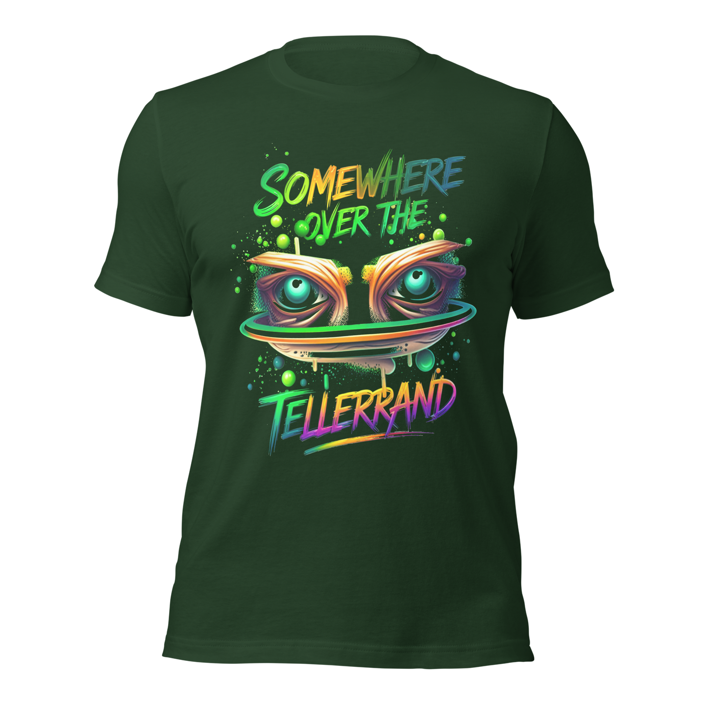Waldgrünes T-Shirt mit buntem Somewhere over the Tellerrand Spruch und Augen die über Tellerrand schauen