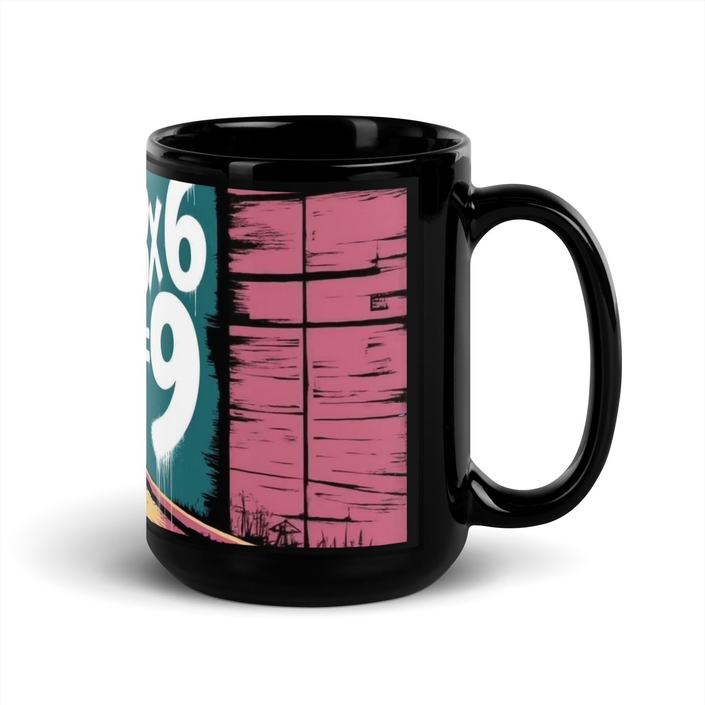 Schwarze Tasse mit sprühendem Kind und 3x6=9 Schriftzug Seitenansicht Rechts