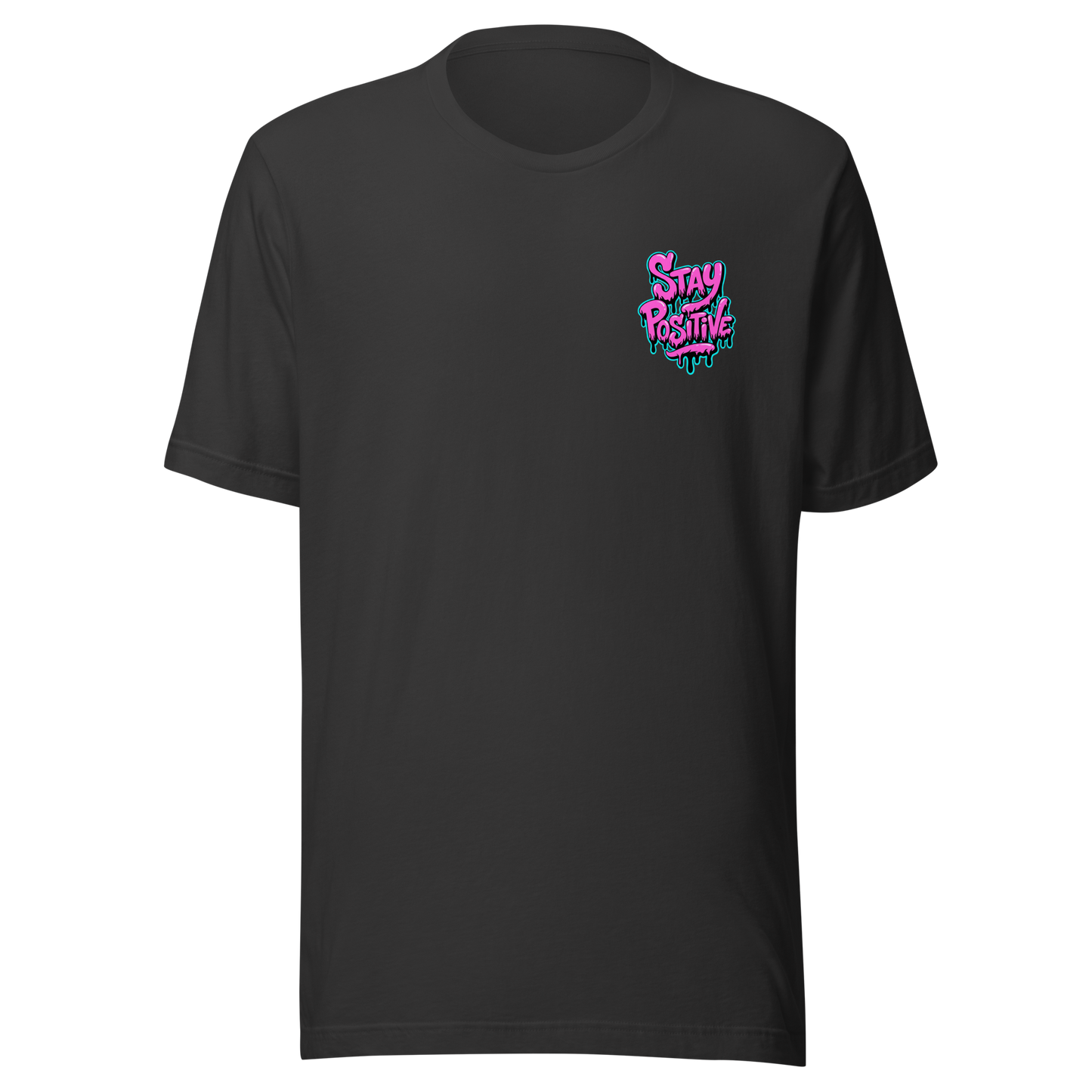Graues Unisex T-Shirt mit Stay Positive Schriftzug in Pink und blauer Outline mit Farbtropfen