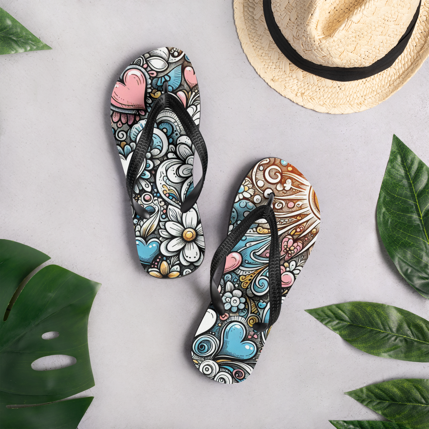 Bunte Flip-Flops mit bunten Blumen, Herzen und Sonne mit Mock Up Hintergrund