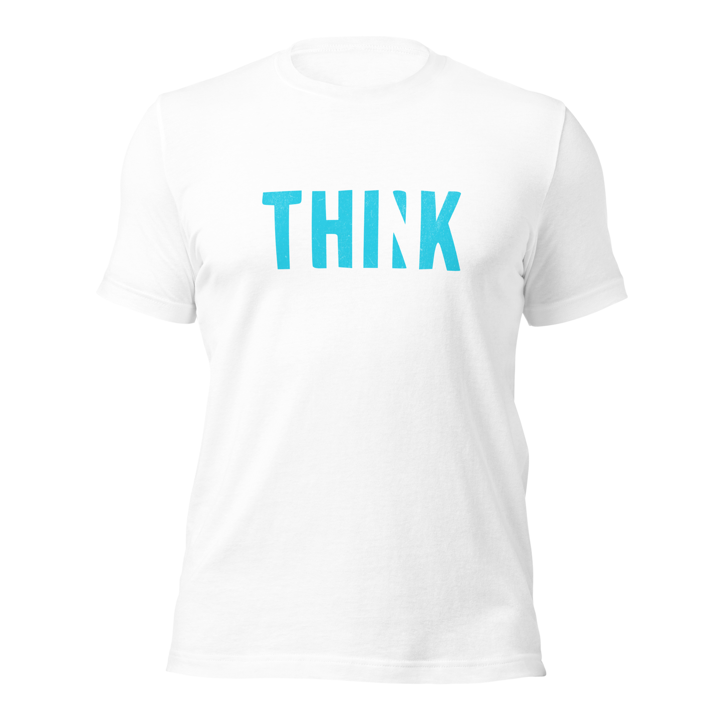 Weißes Unisex T-Shirt mit blauem THINK Print bei dem das N ausgeschnitten ist?