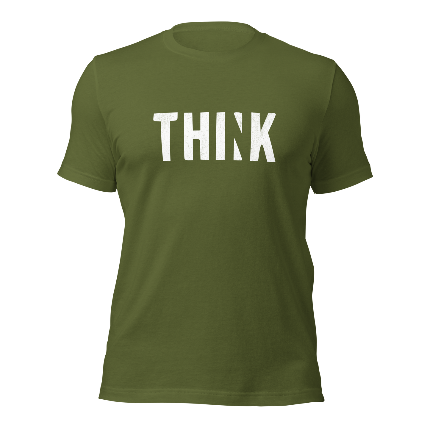 Olivegrünes Unisex T-Shirt mit THINK Print bei dem das N ausgeschnitten ist