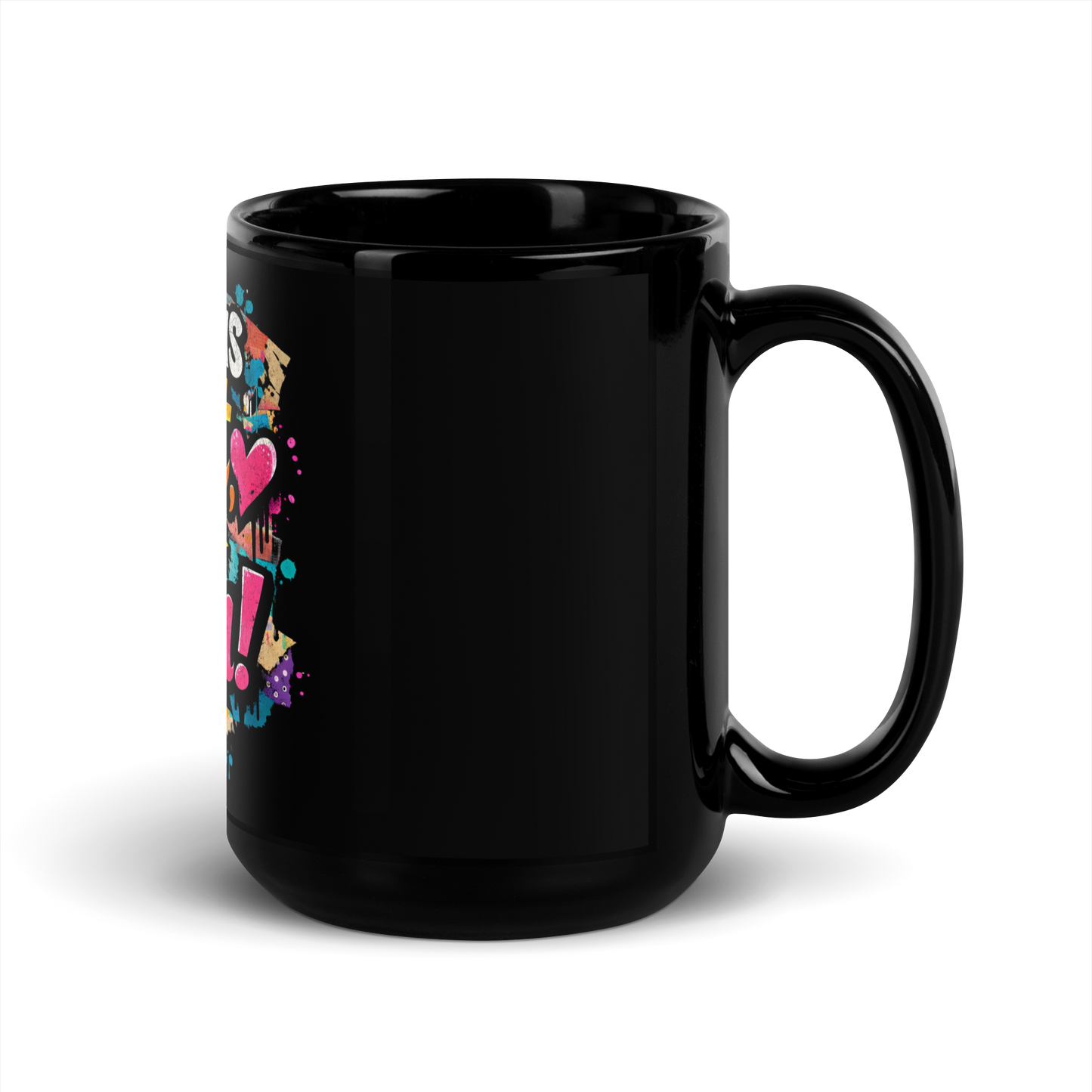 Schwarze Tasse mit buntem Wer das liest ist schön Print im Streetart Style, Seitenansicht rechts