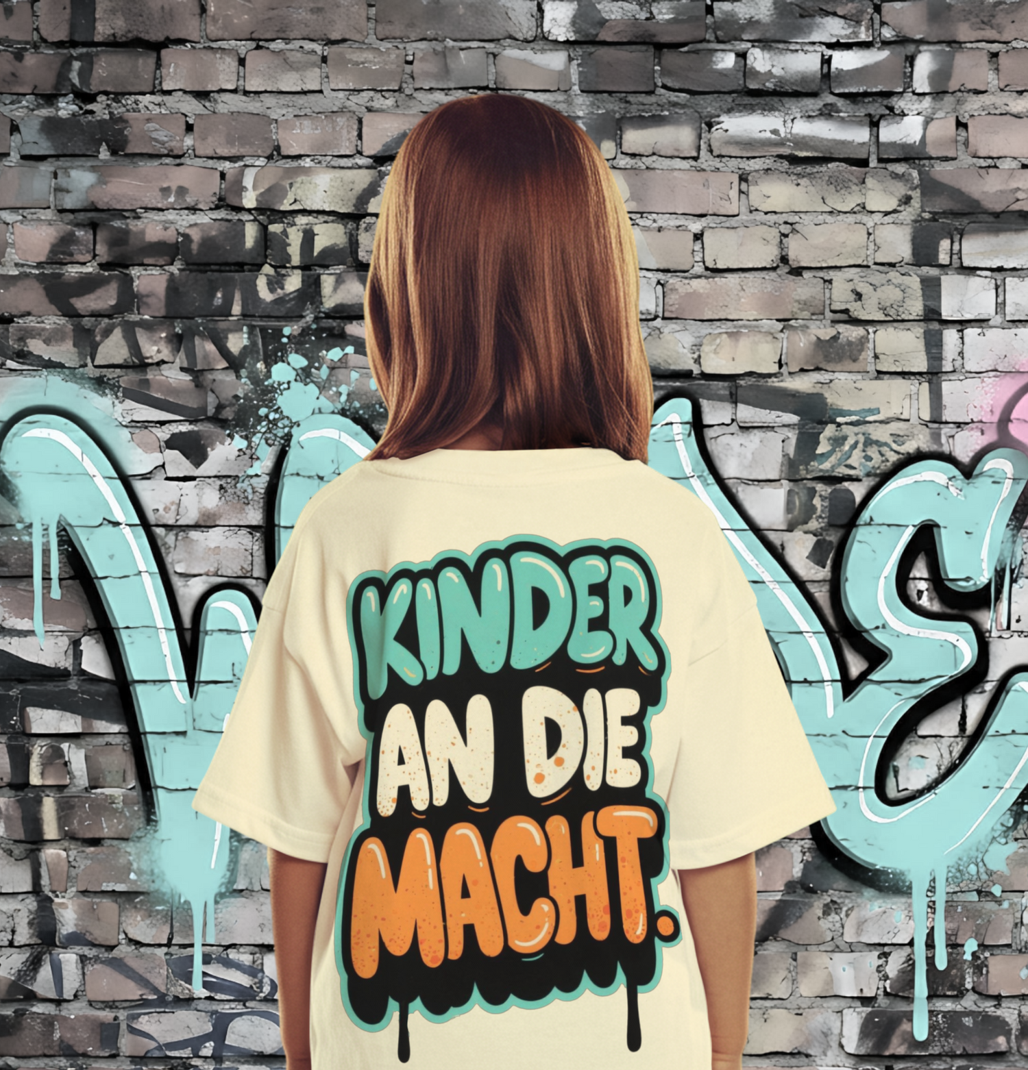 Kind schaut auf eine Graffitiwand mit - Kinder an die Macht - Rücken Print 