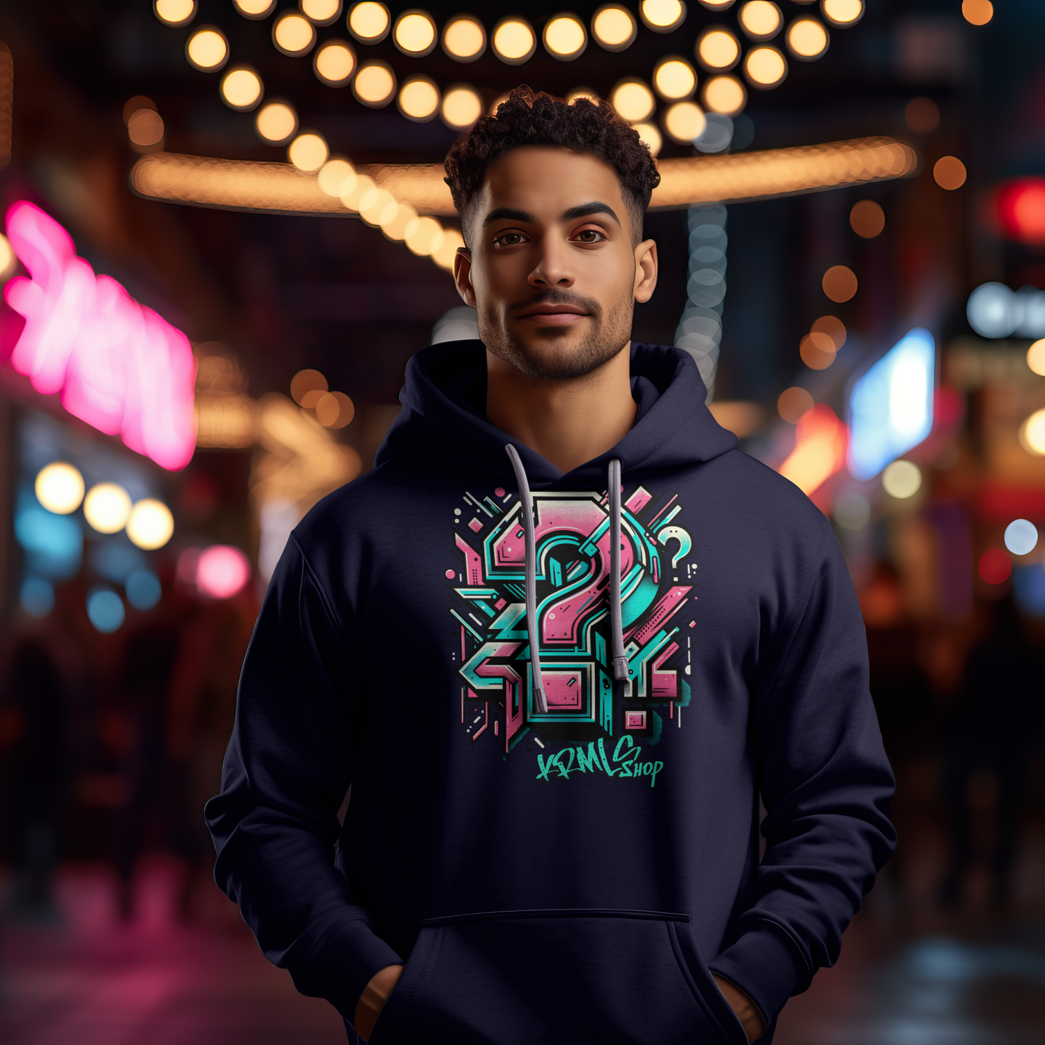 Ein Mann trägt einen Pullover mit einem "?" Motiv