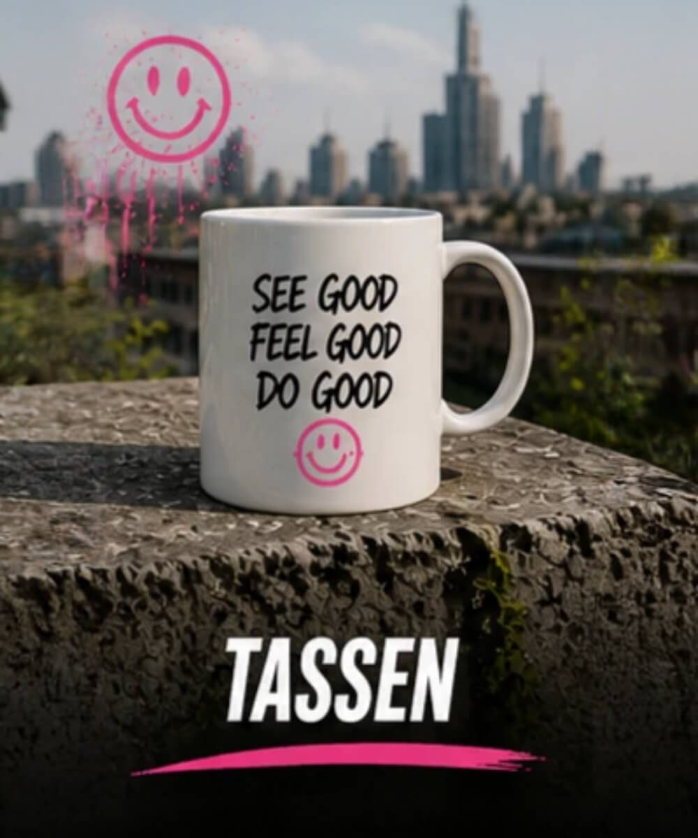 Eine Tasse mit einem "THUG LIFE" Motiv und einer Oma mit Spraydose