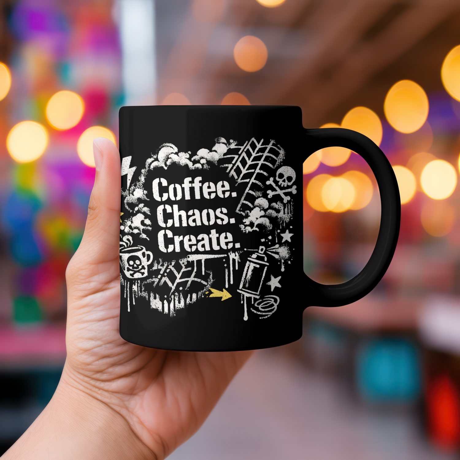 Eine Tasse mit einem "THUG LIFE" Motiv und einer Oma mit Spraydose