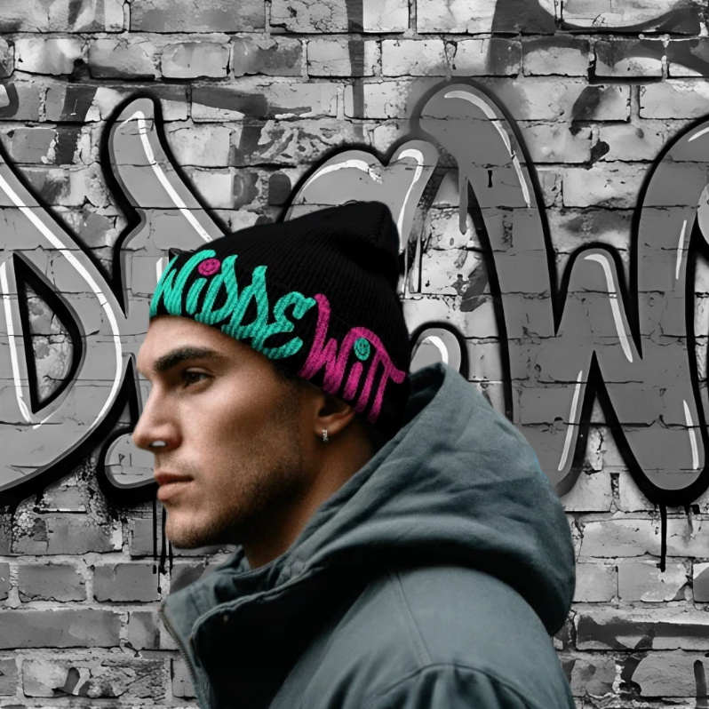 Ein Mann trägt ein Beanie mit WiddeWitt Logo Schriftzug