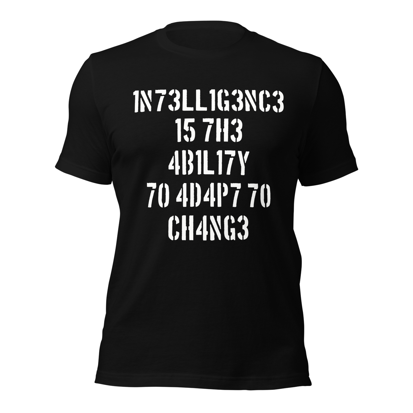 Schwarzes Unisex T-Shirt mit Intelligence is the Ability to Change mit Zahlen statt Buchstaben
