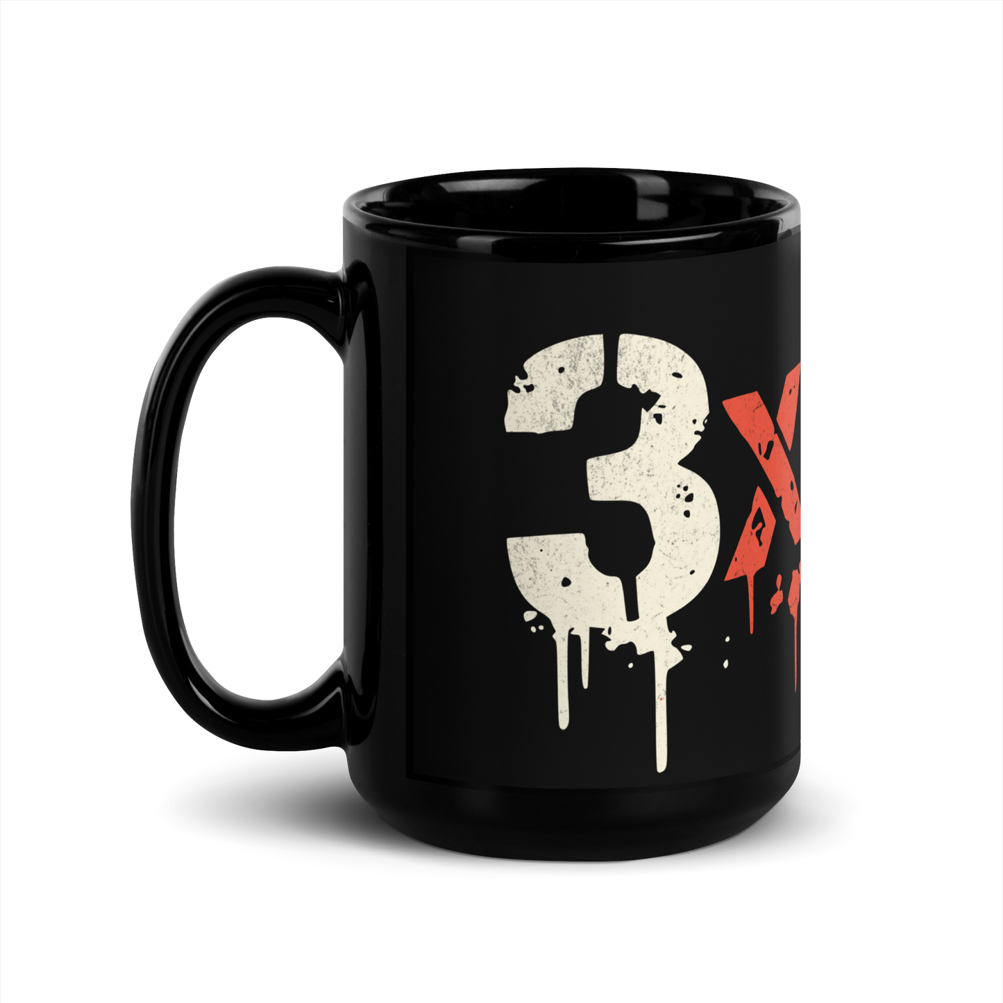 Schwarze Tasse mit 3x6=9 Graffiti, Seitenansicht Links